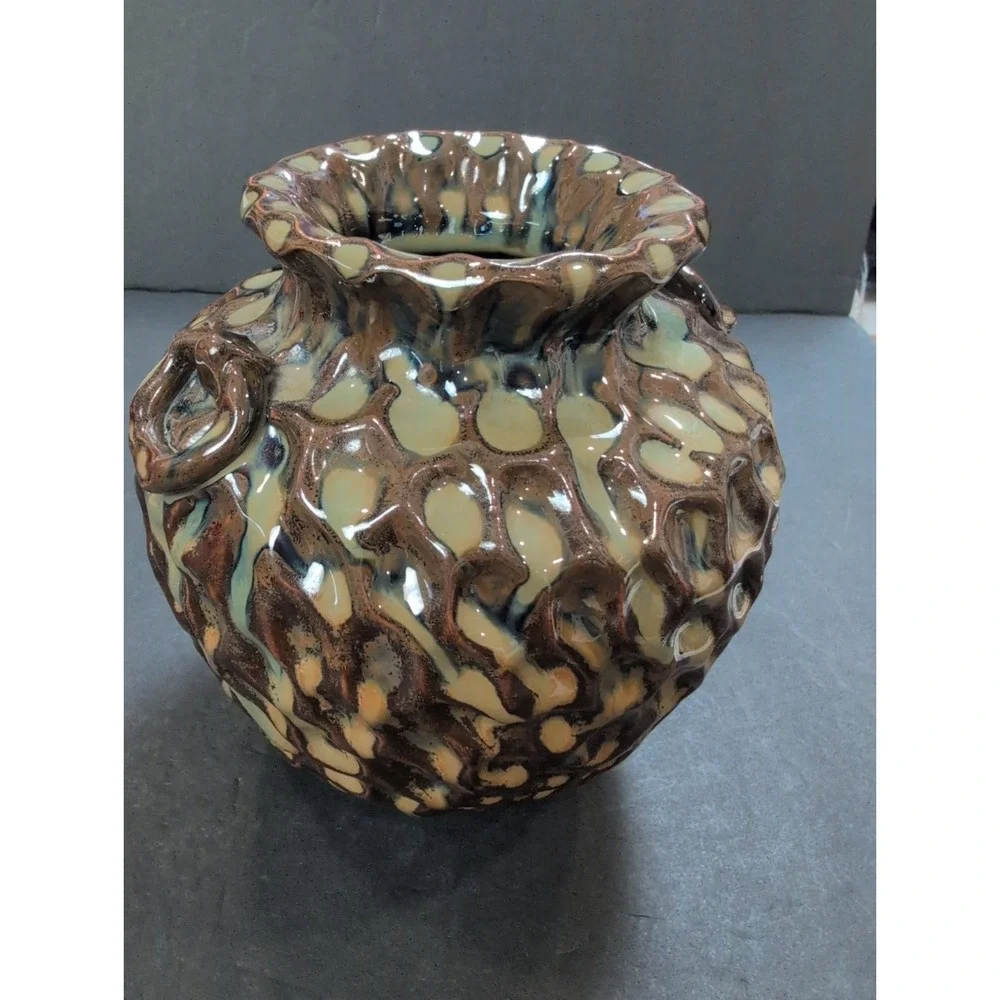 Dimpled Earth-Tone Drip Glazed Pottery Vase 6
